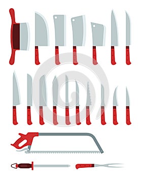 Different knives, hatchets and a saw, for cutting, chopping various products vector illustration