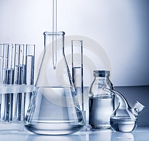 Different laboratory beakers and glassware.