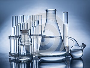 Different laboratory beakers and glassware.
