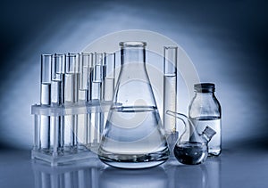 Different laboratory beakers and glassware.
