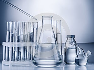 Different laboratory beakers and glassware