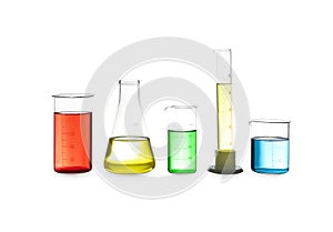 Different laboratory glassware with liquids isolated on white