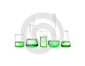 Different laboratory glassware with green liquid isolated on white