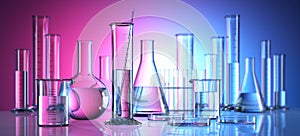 Different laboratory glassware with  liquids