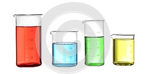 Different laboratory glassware with liquids isolated on white