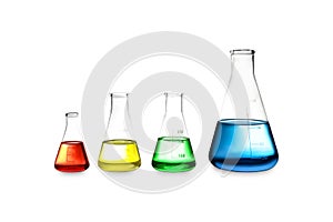 Different laboratory glassware with liquids isolated on white