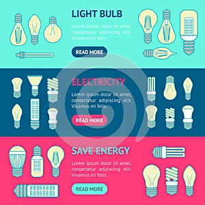 Different Lamp or Light Bulbs Line Banner Horizontal Set. Vector