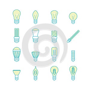 Different Lamp or Light Bulbs Line Icons Set. Vector