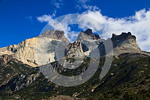 The different layers of rock in the mountains around Torres del Paine National Park, Patagonia