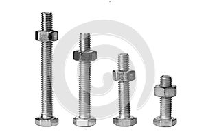 The different length bolts with nuts on white