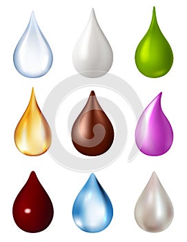 Different liquids drops. Colorful droplets of honey, milk, water, chocolat, blood. Falling drops realistic 3d vector set