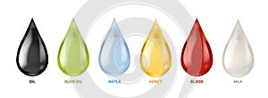 Different liquids drops. Colorful droplets of oil, honey and milk, water. Petrol and blood falling drop realistic vector