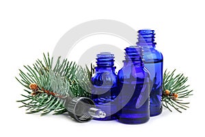 Different little bottles with essential oils and pine branches