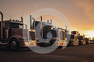 Different make big rigs semi trucks tractors with loaded semi trailers standing in the row on truck stop parking lot at early