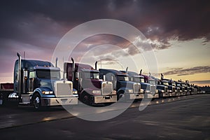 Different make big rigs semi trucks tractors with loaded semi trailers standing in the row on truck stop parking lot at early
