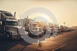 Different make big rigs semi trucks tractors with loaded semi trailers standing in the row on truck stop parking lot at early