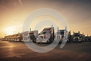 Different make big rigs semi trucks tractors with loaded semi trailers standing in the row on truck stop parking lot at early