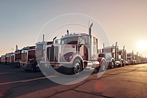 Different make big rigs semi trucks tractors with loaded semi trailers standing in the row on truck stop parking lot at early