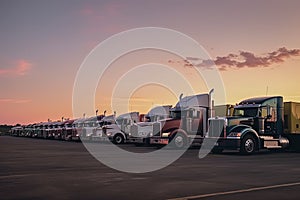 Different make big rigs semi trucks tractors with loaded semi trailers standing in the row on truck stop parking lot at early