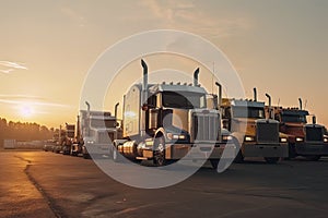 Different make big rigs semi trucks tractors with loaded semi trailers standing in the row on truck stop parking lot at early