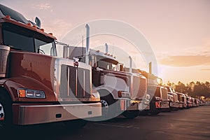 Different make big rigs semi trucks tractors with loaded semi trailers standing in the row on truck stop parking lot at early