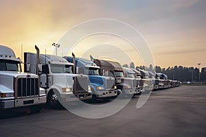 Different make big rigs semi trucks tractors with loaded semi trailers standing in the row on truck stop parking lot at early
