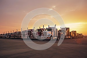 Different make big rigs semi trucks tractors with loaded semi trailers standing in the row on truck stop parking lot at early