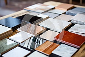 different marble tile samples spread on table