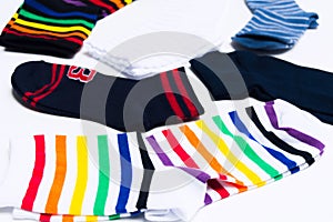 Different material textile socks for legs on white background