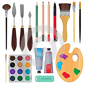 Different materials for artists. Equipment for painting. Vector illustrations