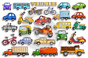 Different means of transportation vehicle in sticker style