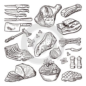 Different meat food. Pork, bacon and kitchen accessories. Knife and axe vector hand drawn picture