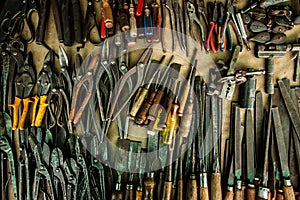 Different mechanic tools old vintage carpenter collections at workshop