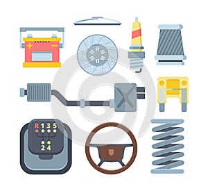 Different mechanical car parts flat illustrations set