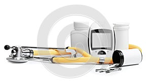 Different medical objects on white background.