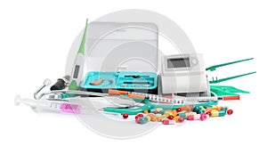 Different medical objects on white background.