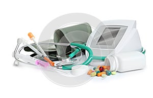 Different medical objects on white background.
