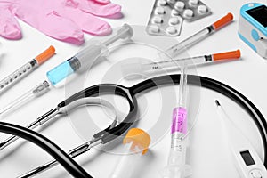 Different medical objects on white background