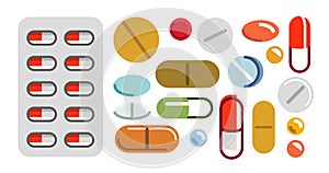 Different medical pills vector simple flat illustrations of icons set isolated on white, meds drugstore concept, apothecary