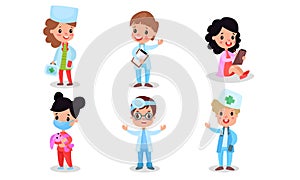 Different Medical Professions By Boys And Girls In Costumes With Suitcases And Hats With Green Cross Isolated On White