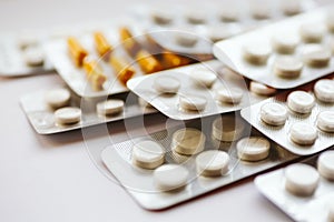 Different medicines: tablets, pills in blister pack, medications drugs