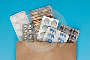 Different medicines: tablets, pills in blister pack, medications drugs, macro, copy space