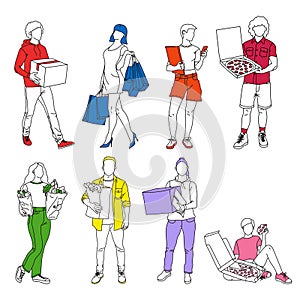Different men and women are shopping. Couriers, customers, buyers, food delivery.