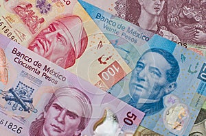 Different Mexican money background.