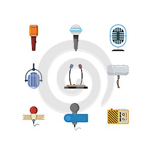 Different microphones and dictaphone vector flat icons