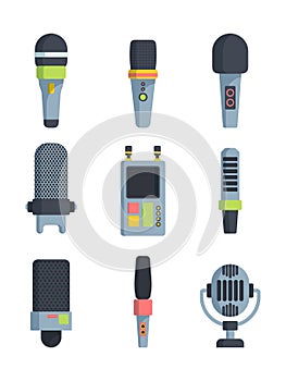 Different microphones flat vector illustrations set Variety