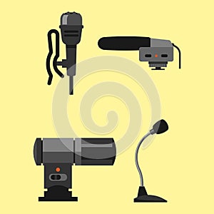 Different microphones types icons journalist vector interview music broadcasting