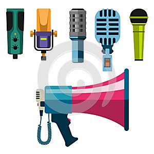 Different microphones types icons journalist vector interview music broadcasting vocal tool tv tool.