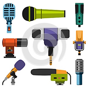 Different microphones types icons journalist vector interview music broadcasting vocal tool tv tool.