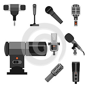 Different microphones types icons journalist vector interview music broadcasting vocal tool tv tool.